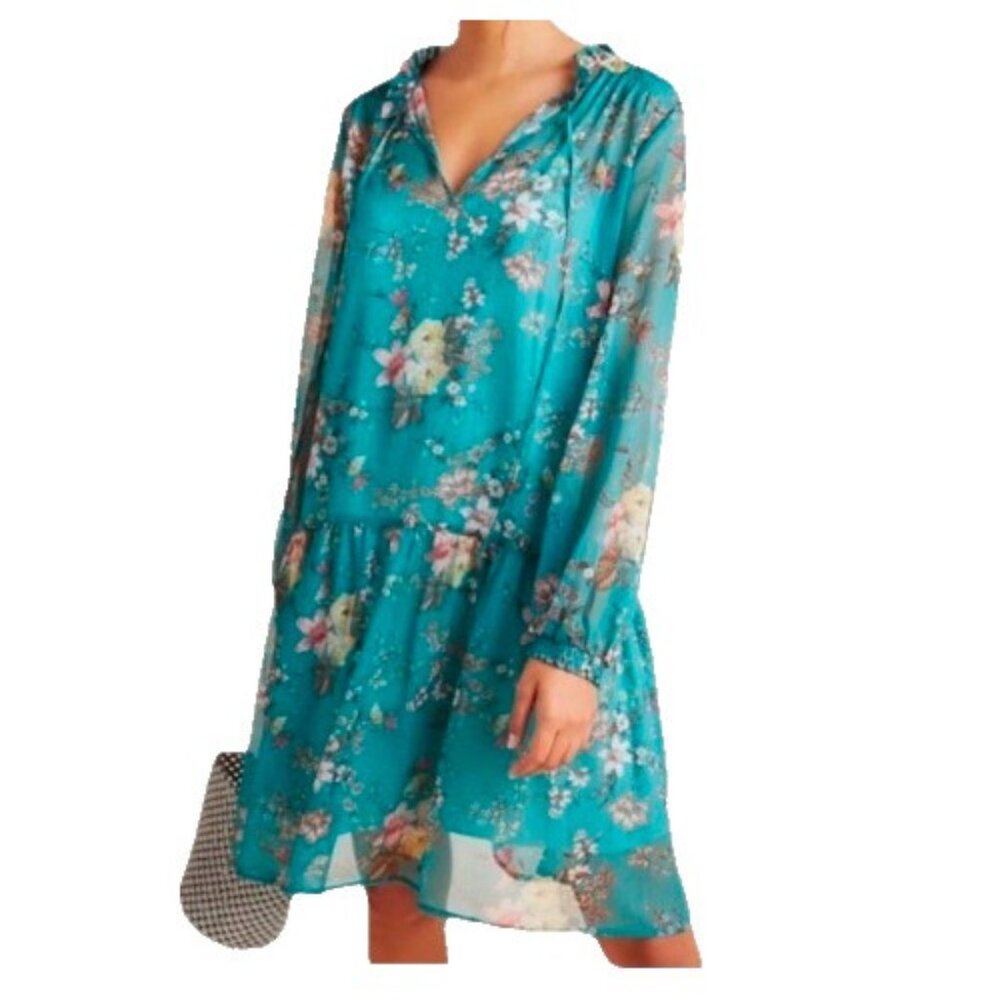 Maeve Anthropologie Women's XS Dress Teal Floral High Ruffle Neck Flared